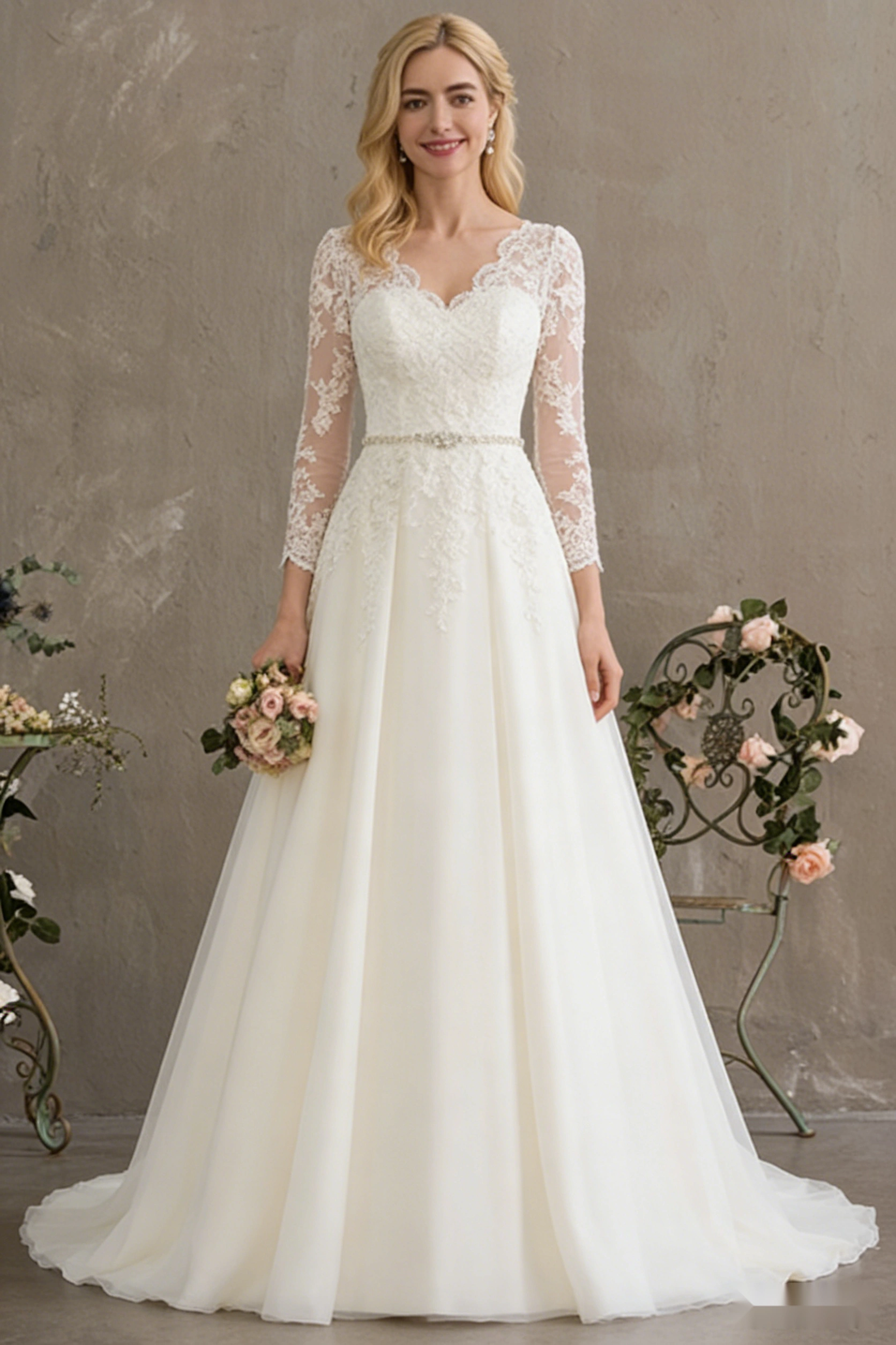 Long-Sleeved Floor-Length Wedding Dress