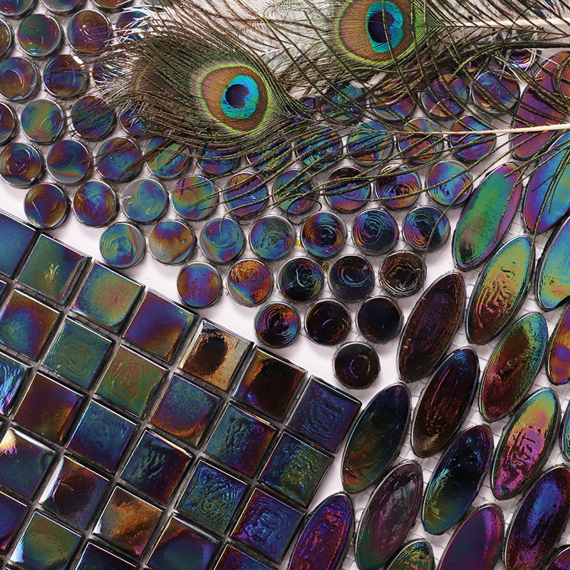 虹色に輝く丸型・四角・楕円形のイリディセントガラスタイル