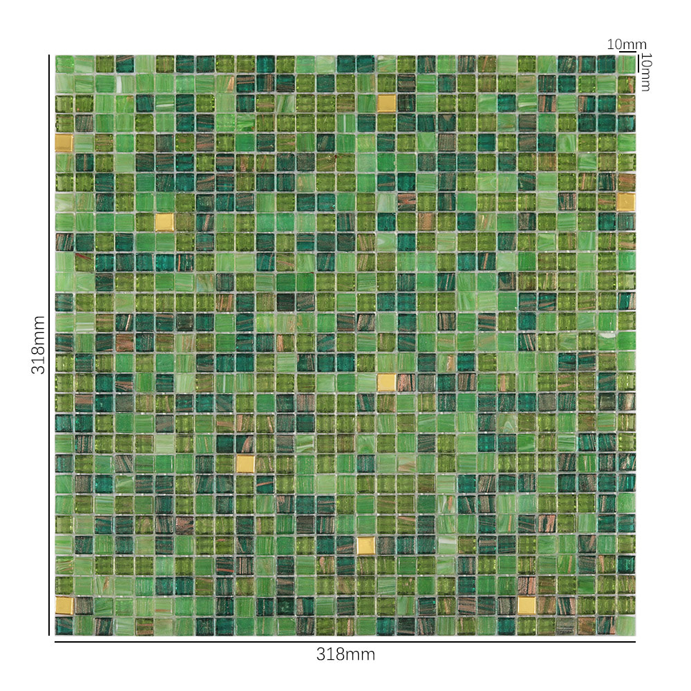 グリーン系ミックスの10mm角ガラスモザイクタイルシート（318mm×318mm）の正面画像