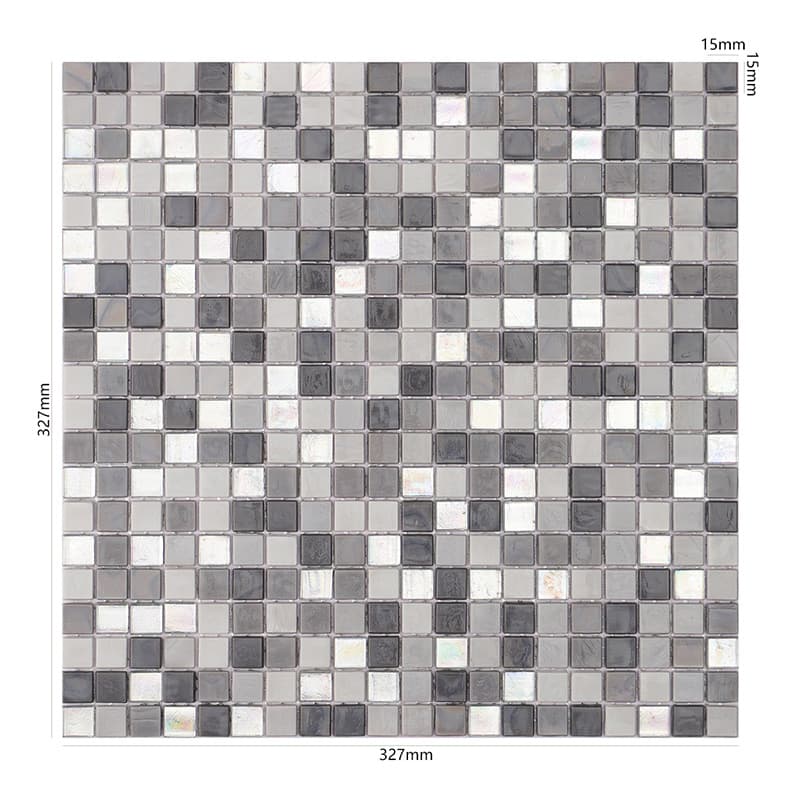 サイズ入りのグレーシルバーガラスモザイクタイル画像