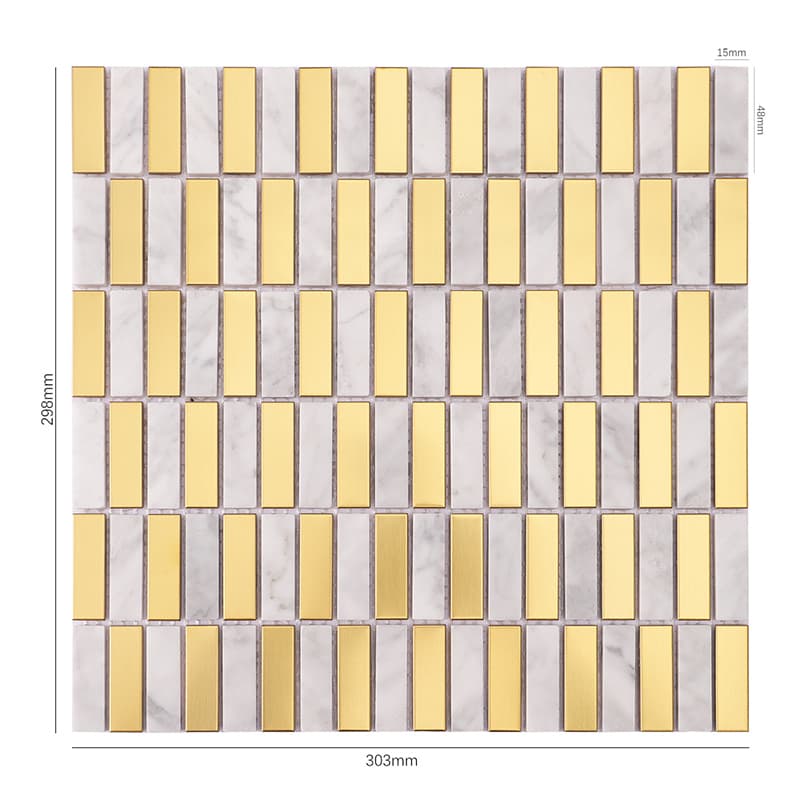 ゴールドと大理石のスティックモザイク寸法付き正面図