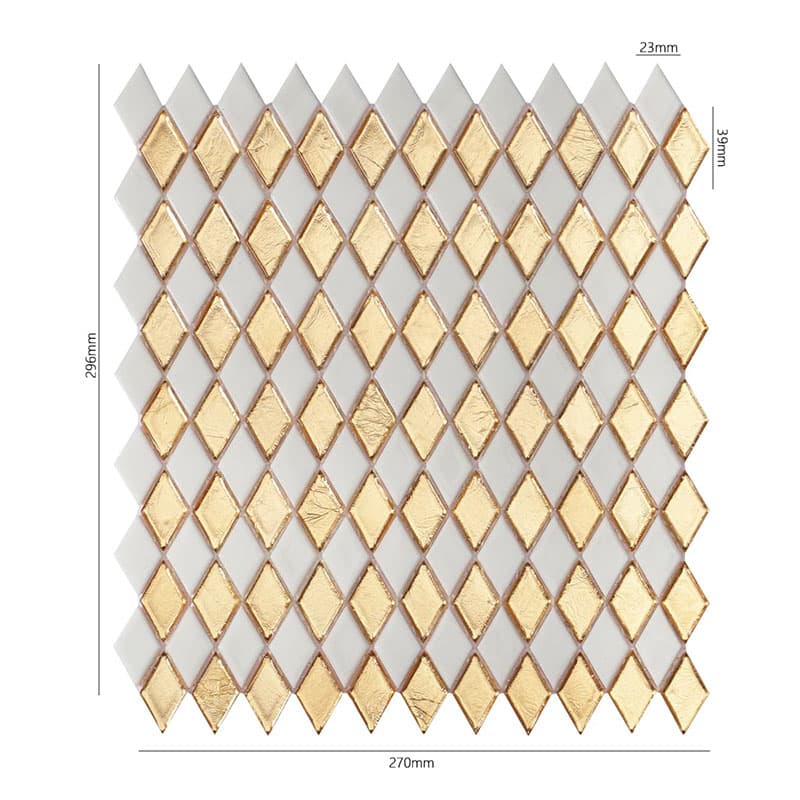 金色と白のダイヤ形モザイクガラスタイル 寸法付き