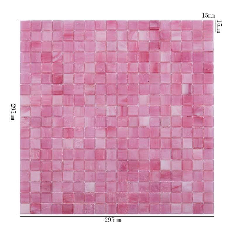 ピンク色のガラスモザイクタイル、295x295mmの正面写真
