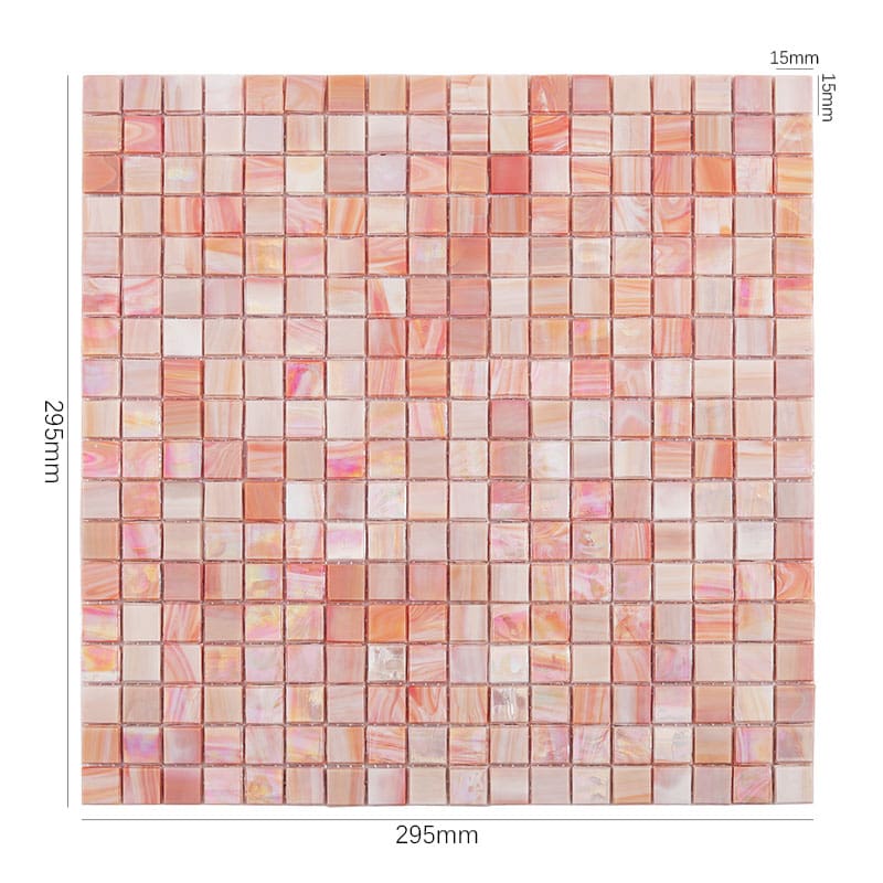 サイズ表示付きピンク色ガラスモザイクタイル