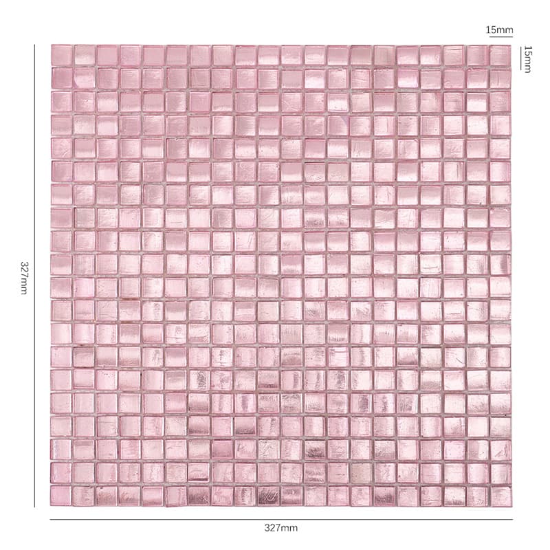 15mm角のピンクガラスモザイクタイル サイズ付き表示
