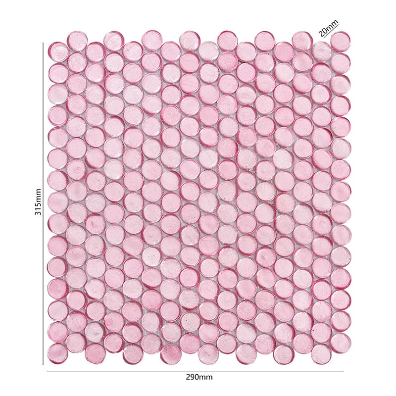 ピンク色の丸形ガラスモザイクタイルシート、サイズ315×290mmを示す