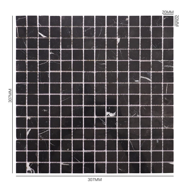 20mm角の黒大理石モザイクタイルサイズ付き