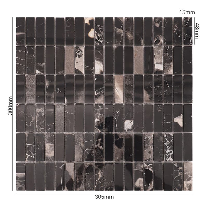 サイズ表示付きの黒い長方形マーブルモザイクタイル
