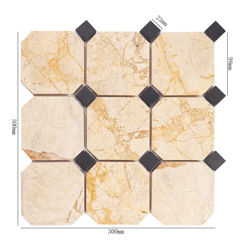 寸法表示付きベージュオクタゴン黒スクエア大理石モザイクタイル