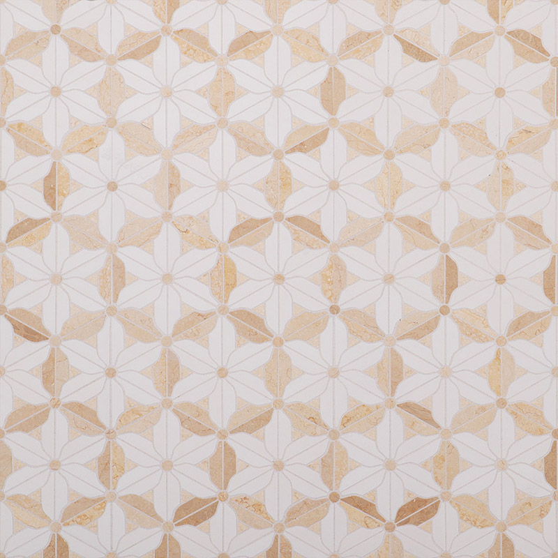 ベージュと白の花模様大理石モザイクタイル全面デザイン