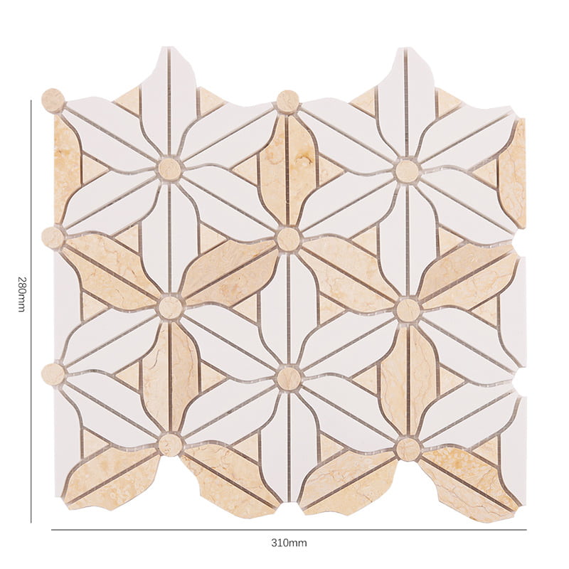 寸法付きベージュ白花柄モザイクタイル