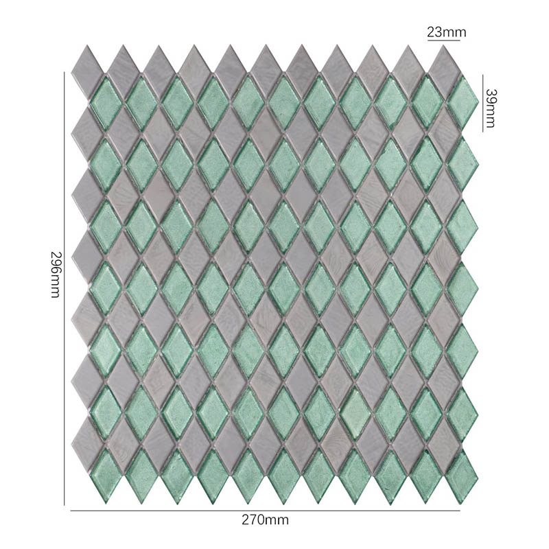 緑とグレーのダイヤ型モザイクタイルサイズ表示