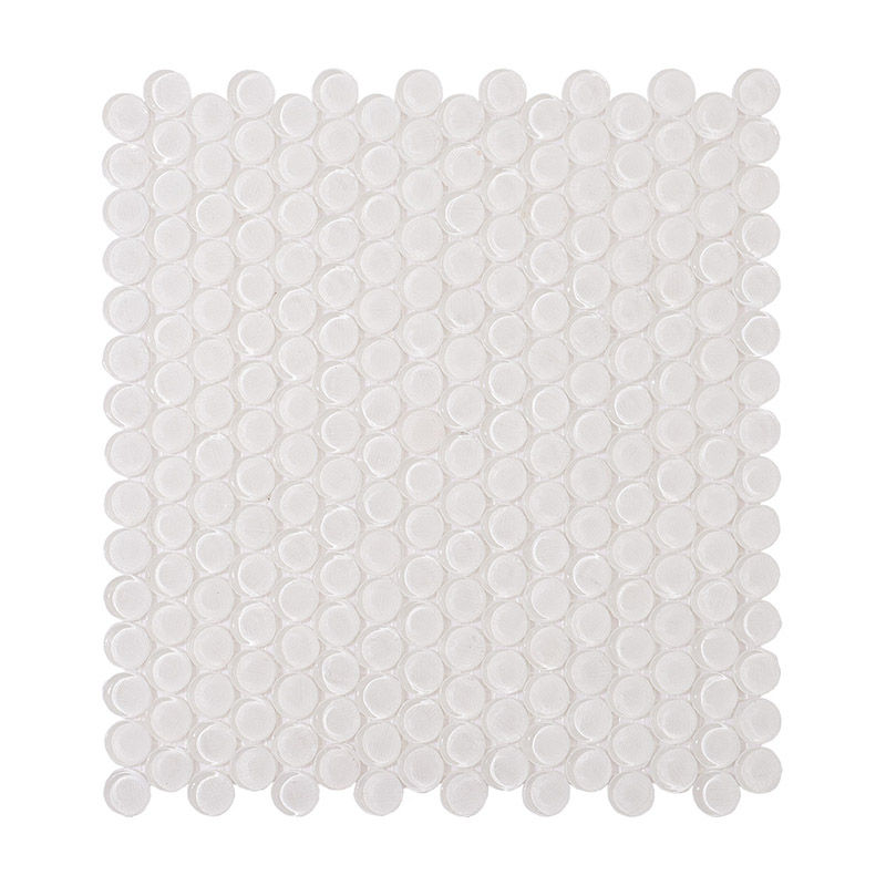 メッシュに貼られた直径20mmの白い丸形ガラスモザイクタイルシートを正面から撮影した状態。