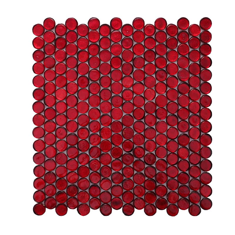 赤い丸形ガラスモザイクタイルシート全体、均一に配置された深紅の円形タイル
