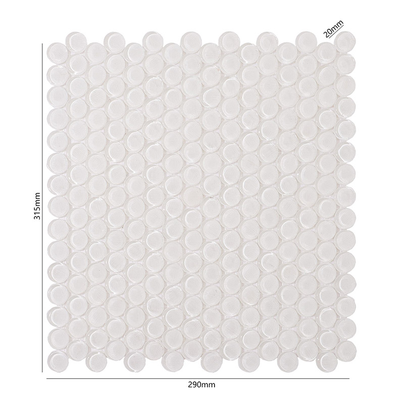 寸法表示（幅290mm×高さ315mm、タイル径20mm）が付いた白い丸形ガラスモザイクタイルシートの俯瞰写真です。