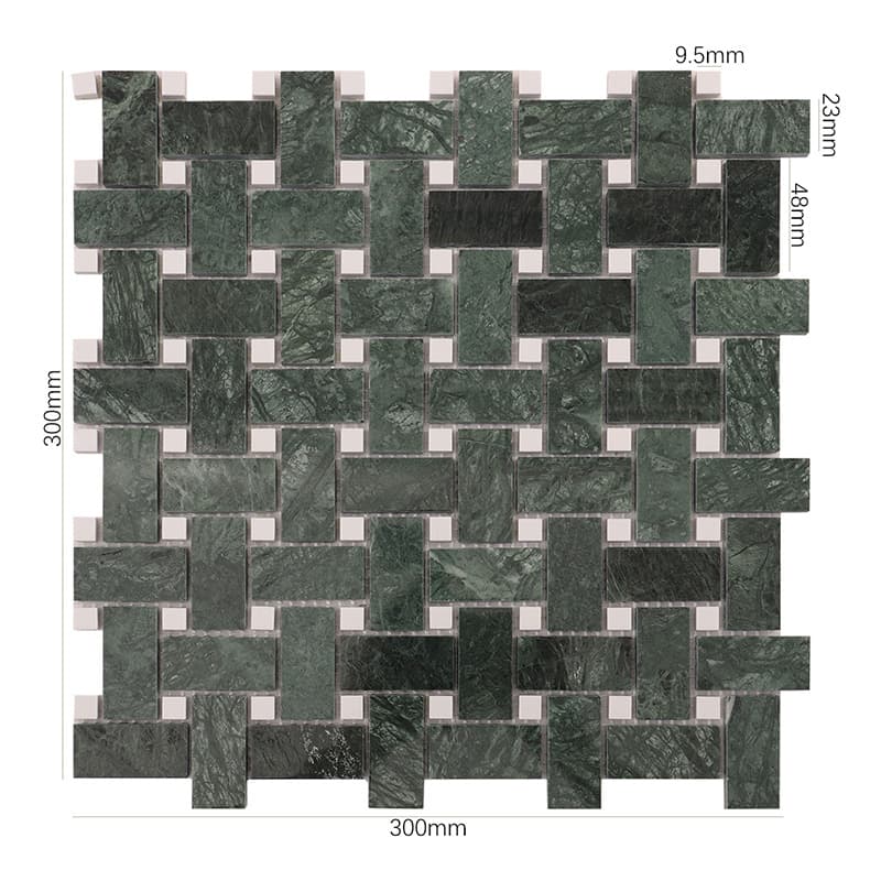 サイズ表示された緑色編み込み大理石モザイクタイル