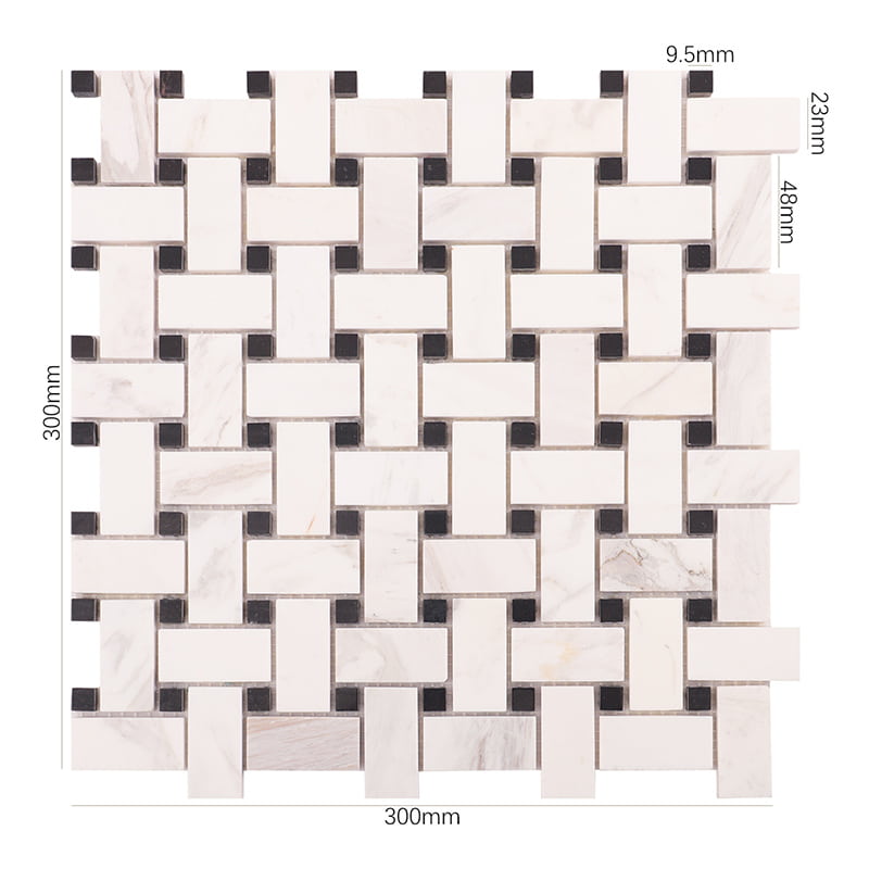 白い大理石の編み目パターンモザイクタイル（サイズ付き）