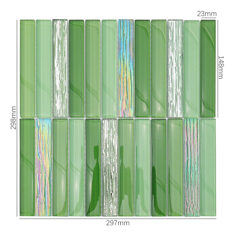 緑色ガラスモザイクタイル23x148寸法表示