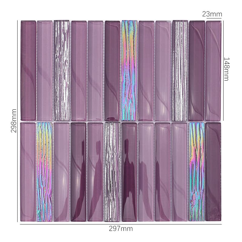 紫色の長方形ガラスモザイクタイル、サイズ表示付き