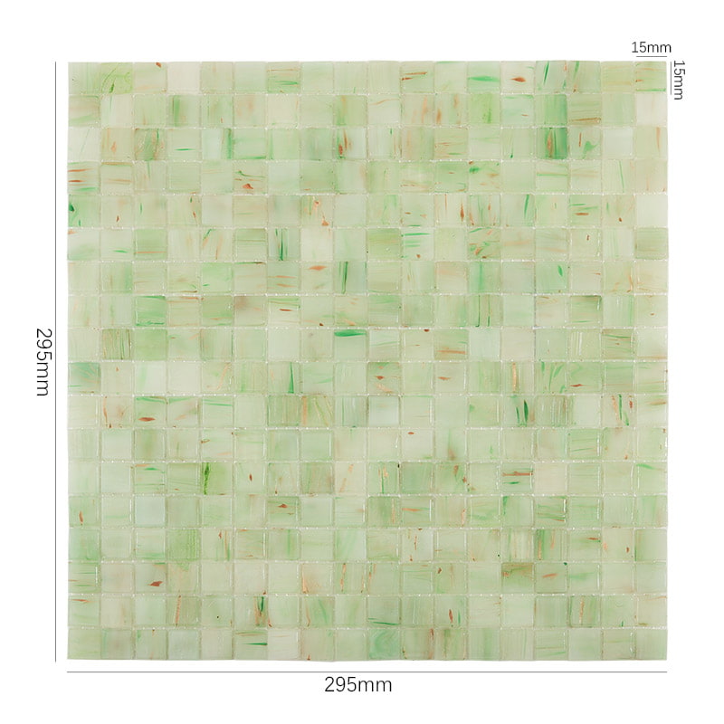 緑模様のガラスモザイクタイル15角 サイズ入り写真