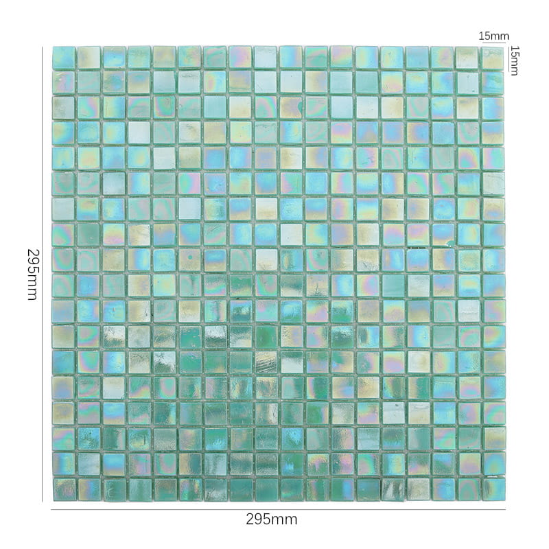 緑ガラス光沢モザイクタイルのサイズ表示付き画像