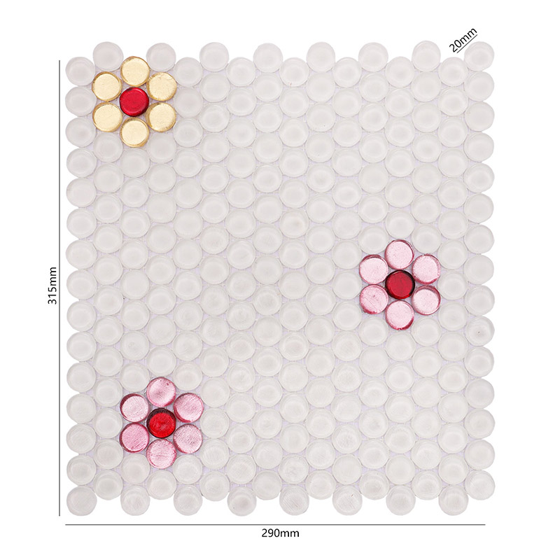 金色とピンクの花柄が映える丸形ガラスモザイクタイルシート（サイズ315×290mm）