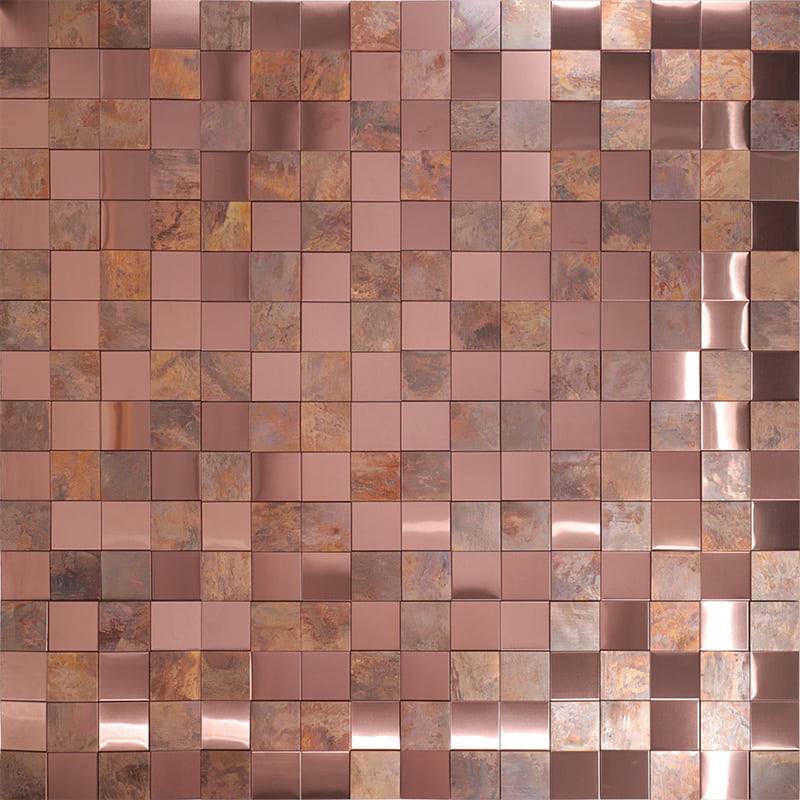 古銅色のステンレス素材を使用した3Dモザイクタイル75角の全体正面画像