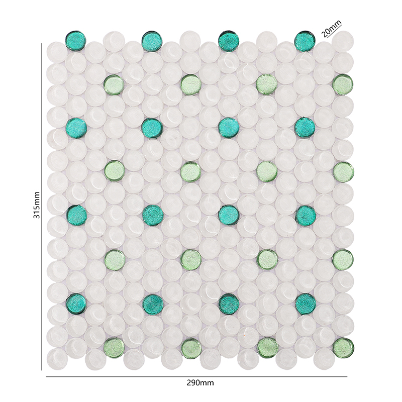 サイズ付きの白と緑の円形タイルシート