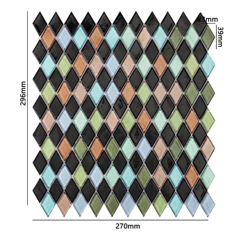 サイズ記載ありのダイヤ型カラーモザイクタイル