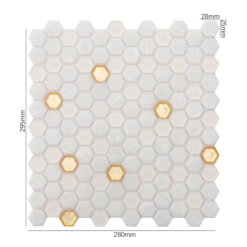 サイズ付き白と金の六角形モザイクタイルシート