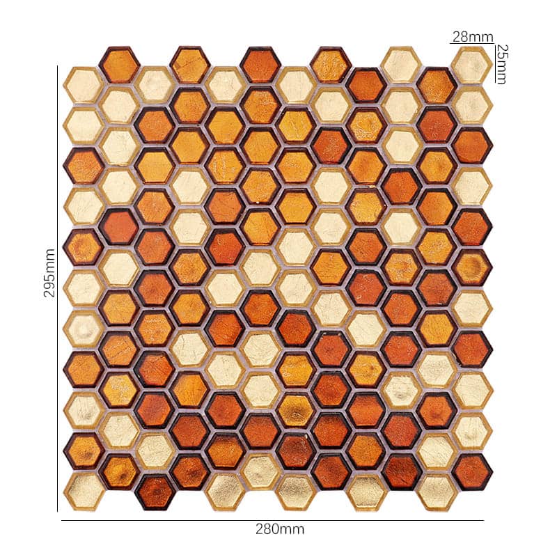 金箔六角モザイクタイルのサイズ表記付き全体画像