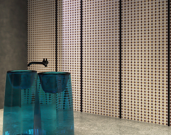 {"default":"菱形モザイクタイルの壁面と、ブルーガラスの洗面ボウルを組み合わせた空間"}
