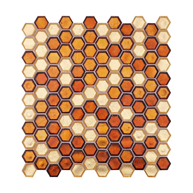 ゴールドとブラウンの六角ガラスモザイクタイル