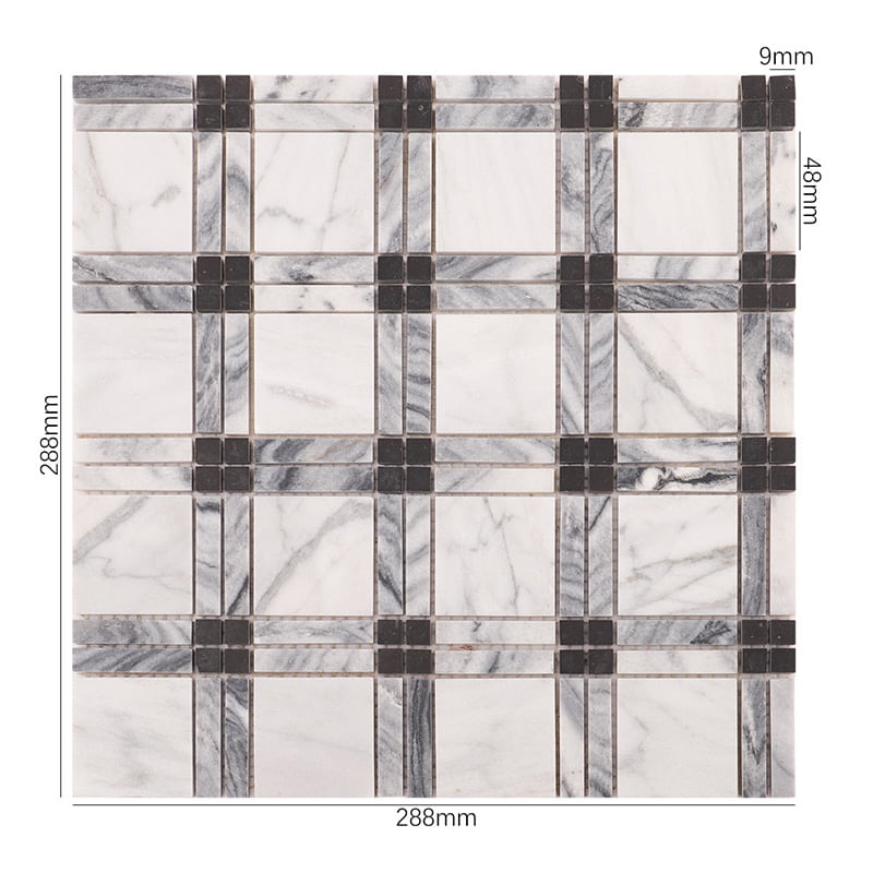 寸法表示付きの白黒格子大理石モザイクタイル
