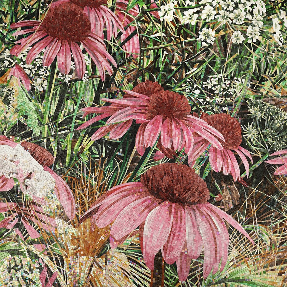 群生する紫錘花モザイク壁画の部分図