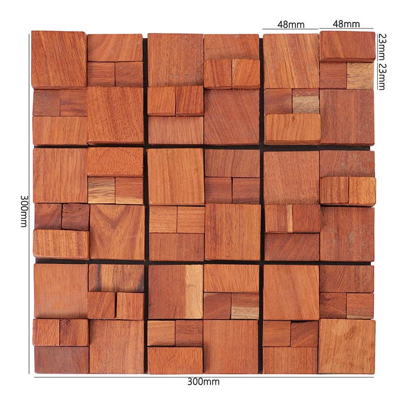 サイズ表示付きの赤茶ウッドモザイクタイル