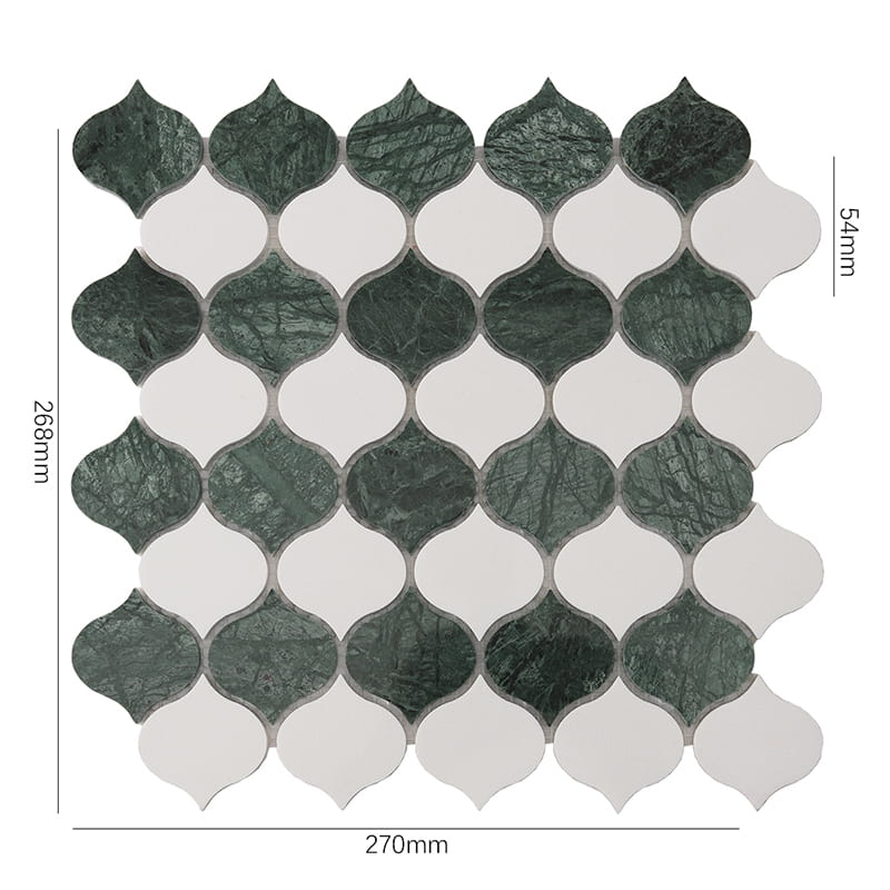 緑と白のモロッコ形大理石モザイクタイルのサイズ表示