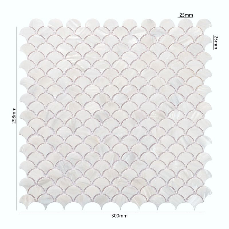 白色魚鱗型貝殻モザイクタイル25×25mm 300角 サイズ図
