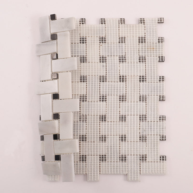 黒白編み込み大理石モザイクタイルの裏面と断面図