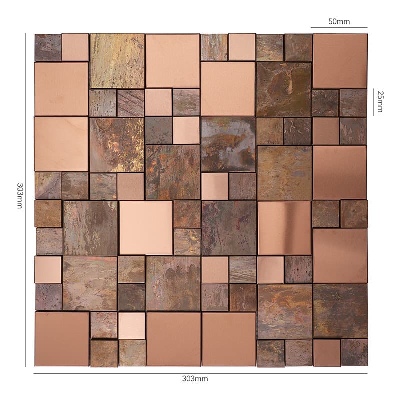 レトロ銅張りとステンレスの3Dモザイクタイルのサイズ図