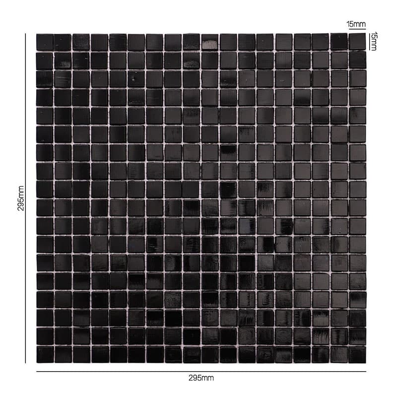 15mm角の黒色ガラスモザイクタイル寸法付き