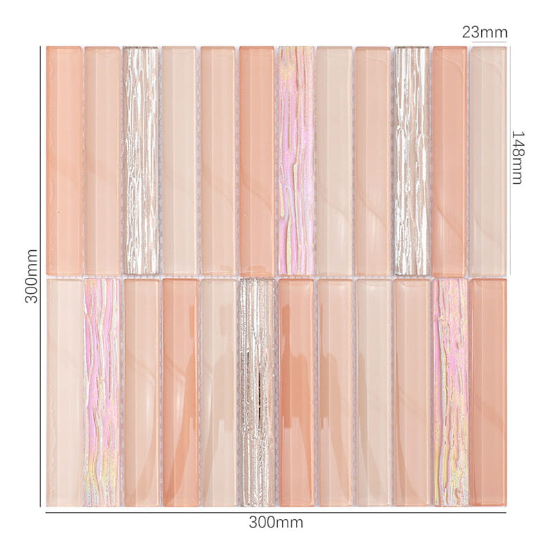 寸法付きピンクシルバー長方形ガラスモザイク
