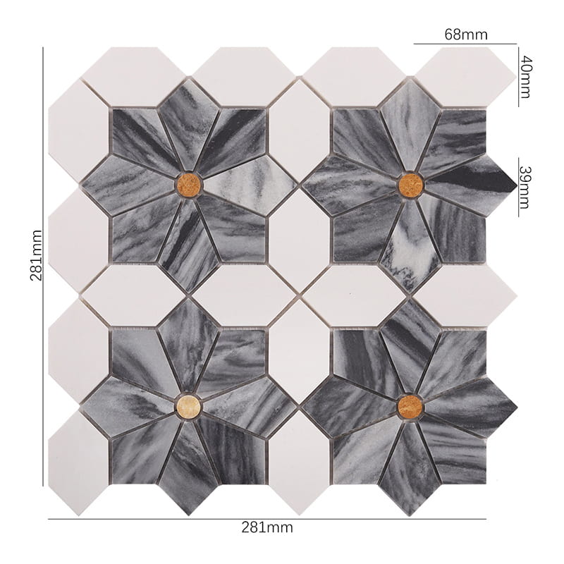 モザイクタイルのサイズを示す花形図案の表示