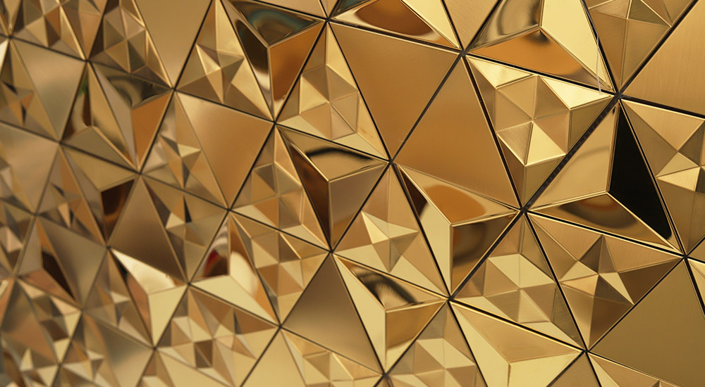 {"default":"ステンレスタイル ゴールド：立体的な三角形デザイン、鏡面とヘアライン仕上げのSUS304壁材"}
