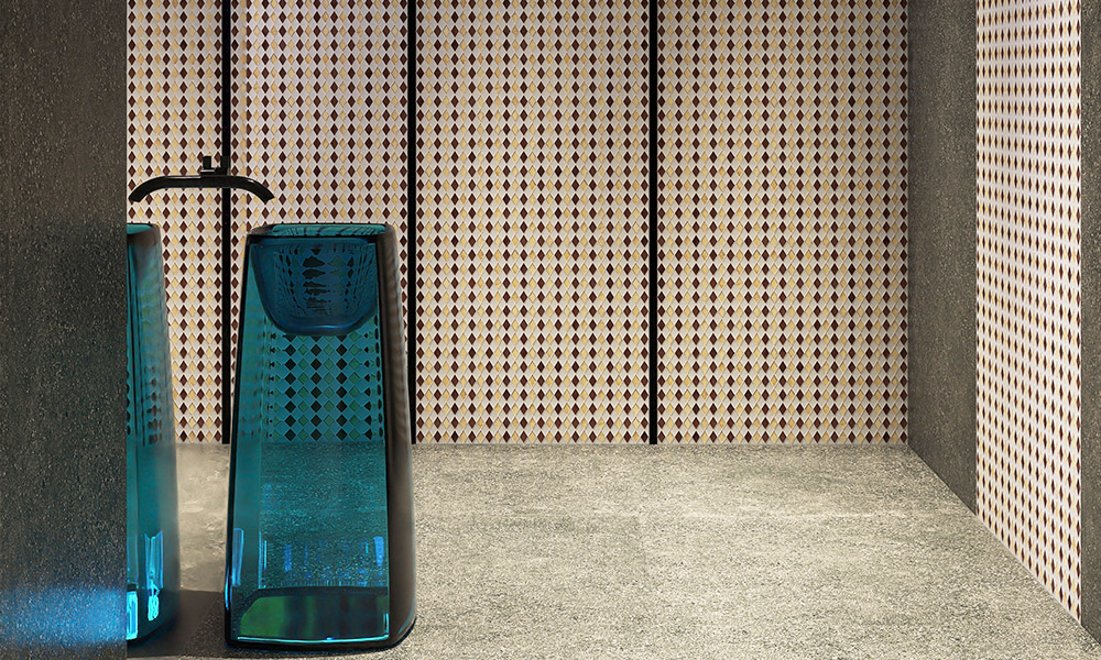 {"default":"浴室壁タイルに菱形模様のモダンなデザインを採用した、高級感溢れるバスルーム。青いガラスの洗面ボウルが映えるインテリア。"}
