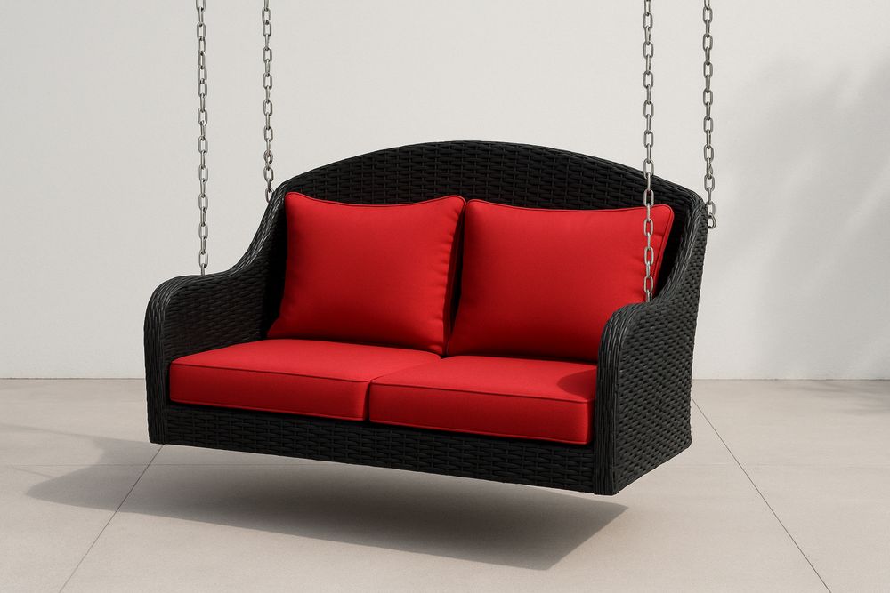 Outdoor Wicker 2-Seater Swing Chair Black Steel Frame with Red Cushions