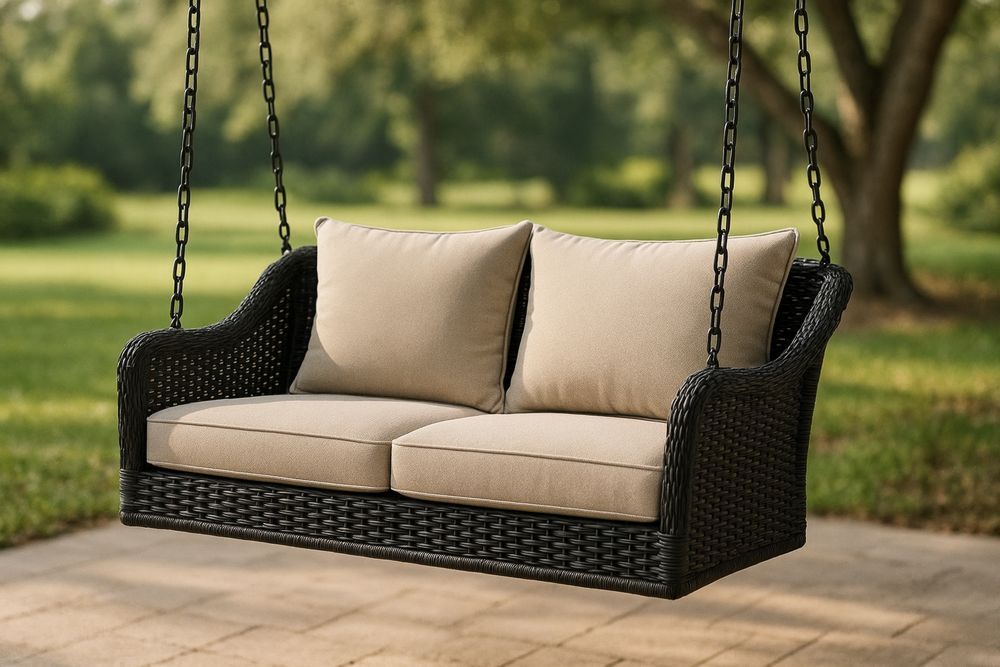 Outdoor Wicker Swing Chair with Steel Frame and Beige Cushions
