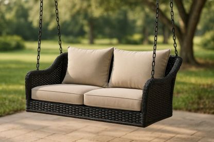 Outdoor Wicker Swing Chair with Steel Frame and Beige Cushions