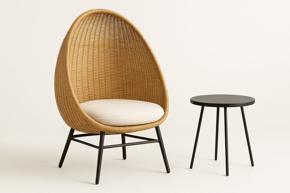 Wicker Egg Chair with Black Metal Side Table