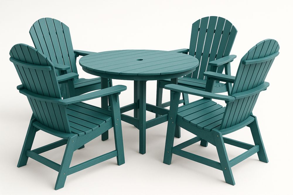 Outdoor Polywood Dining Set with Round Table and Chairs in Teal Green